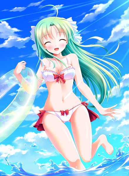 Anime picture 915x1250 with original bashen chenyue single long hair tall image blush open mouth light erotic sky cloud (clouds) eyes closed green hair girl swimsuit bikini sea swim ring