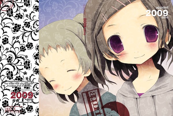 Anime picture 2000x1346 with original shiro (octet) looking at viewer blush highres short hair smile brown hair purple eyes multiple girls girl 2 girls