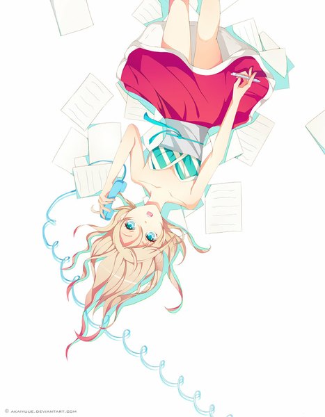 Anime picture 800x1027 with akaiyuue single long hair tall image looking at viewer blush open mouth bare shoulders pink hair cleavage aqua eyes teeth on back upside down girl skirt paper phone pen