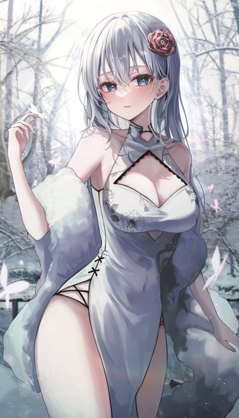 Anime picture 3188x5557 with original chabi single long hair tall image looking at viewer blush fringe highres breasts blue eyes light erotic hair between eyes large breasts standing absurdres cleavage silver hair outdoors traditional clothes