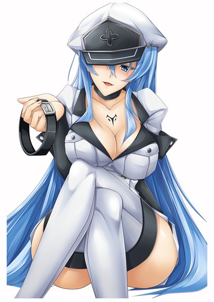 Anime picture 700x990 with akame ga kill! white fox esdeath hitokakeratsu single long hair tall image breasts blue eyes light erotic large breasts white background sitting blue hair crossed legs girl boots thigh boots collar peaked cap