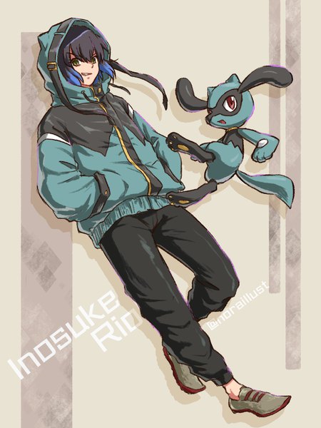 Anime picture 1668x2224 with pokemon kimetsu no yaiba nintendo ufotable hashibira inosuke riolu noraillust tall image short hair black hair signed full body multicolored hair two-tone hair alternate costume character names twitter username hands in pockets crossover contemporary