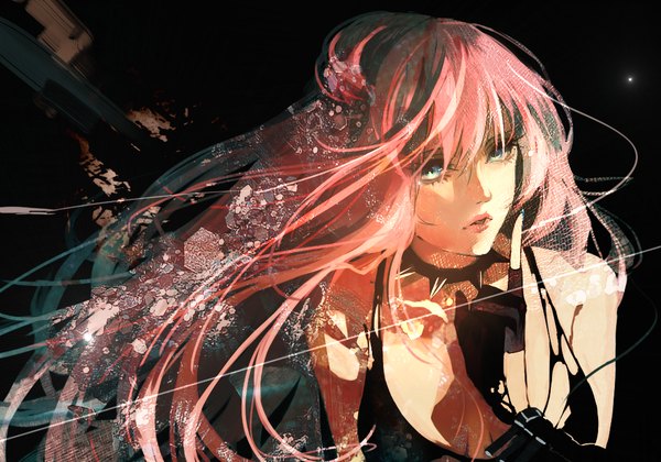 Anime picture 1000x700 with vocaloid megurine luka hebi (yurari) single long hair looking at viewer fringe open mouth blue eyes bare shoulders green eyes pink hair cleavage nail polish fingernails wind torn clothes long fingernails multicolored eyes girl