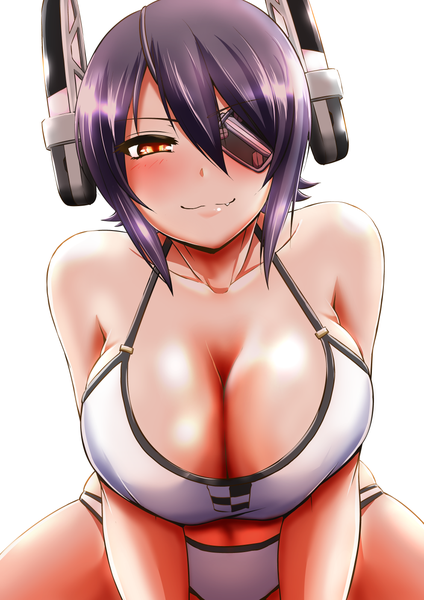 Anime picture 992x1403 with kantai collection tenryuu light cruiser kanno takanori single tall image looking at viewer blush fringe short hair breasts light erotic simple background white background yellow eyes purple hair light smile orange eyes huge breasts girl swimsuit