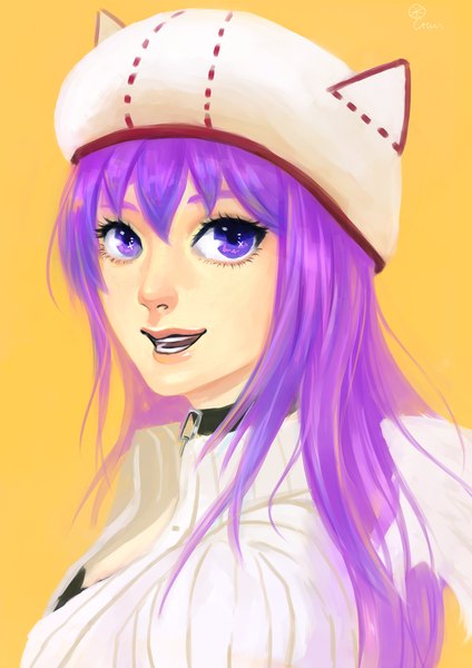 Anime picture 900x1274 with original citrusgun single long hair tall image open mouth smile purple eyes animal ears looking away purple hair yellow background girl headdress sweater collar