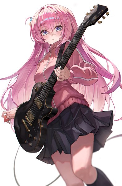 Anime picture 3217x4882 with bocchi the rock! cloverworks gotou hitori poise single long hair tall image fringe highres blue eyes simple background hair between eyes white background pink hair absurdres pleated skirt from below playing instrument girl skirt
