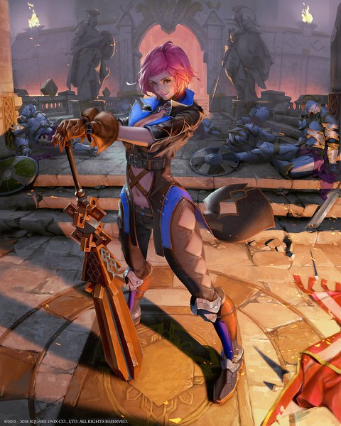 Anime picture 960x1200 with mobius final fantasy square enix sophie (mobius final fantasy) yu cheng hong tall image looking at viewer fringe short hair smile standing brown eyes pink hair realistic solo focus knight girl gloves navel weapon sword