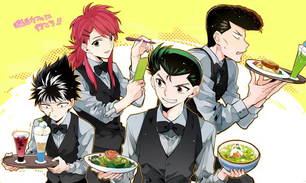 Anime picture 1500x900 with yu yu hakusho kurama hiei jaganshi urameshi yuusuke kuwabara kazuma hoyano long hair short hair black hair smile wide image red hair profile green hair multiple boys smirk pompadour waiter boy uniform