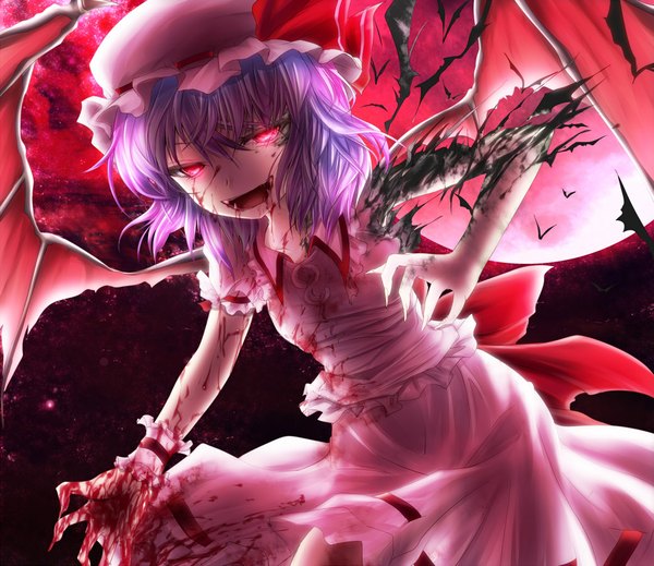Anime picture 1041x901 with touhou remilia scarlet shimo (depthbomb) single short hair open mouth red eyes blue hair sky purple hair teeth fang (fangs) glowing glowing eye (eyes) bat wings injury red moon crazy smile guro horror
