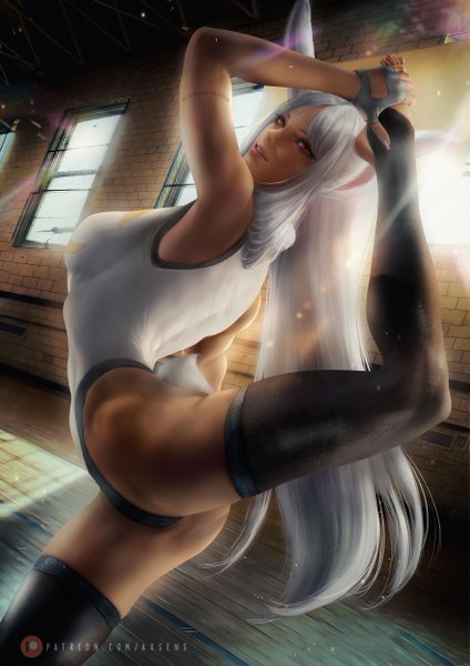 Anime picture 3532x5000 with boku no hero academia studio bones mirko axsen single long hair tall image looking at viewer fringe highres breasts light erotic red eyes standing signed animal ears absurdres silver hair bent knee (knees) indoors