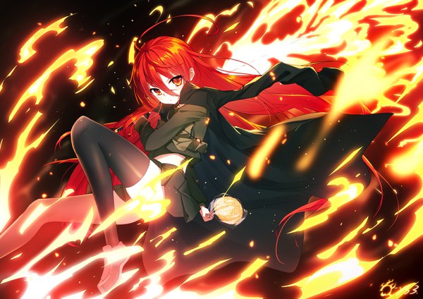 Anime picture 2000x1414 with shakugan no shana j.c. staff shana qys3 single long hair looking at viewer fringe highres light erotic hair between eyes red eyes holding signed ahoge bent knee (knees) red hair long sleeves clothes on shoulders girl
