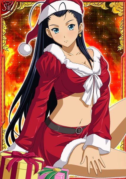 Anime picture 567x800 with ikkitousen kakouen myousai single long hair tall image looking at viewer blush breasts blue eyes black hair large breasts cleavage ahoge bare belly fur trim christmas cosplay girl skirt hat