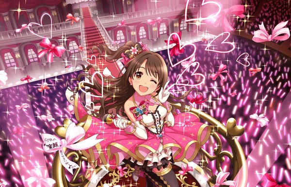 Anime picture 1280x824 with idolmaster idolmaster cinderella girls shimamura uzuki single long hair looking at viewer fringe open mouth smile brown hair bare shoulders brown eyes one eye closed from above wink official art sparkle one side up victory stage of magic