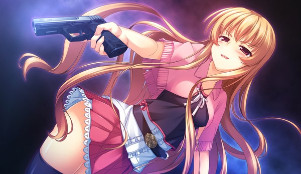 Anime picture 2660x1540 with sinclient ogi mina reesaa long hair highres blonde hair red eyes wide image game cg girl thighhighs dress weapon black thighhighs gun
