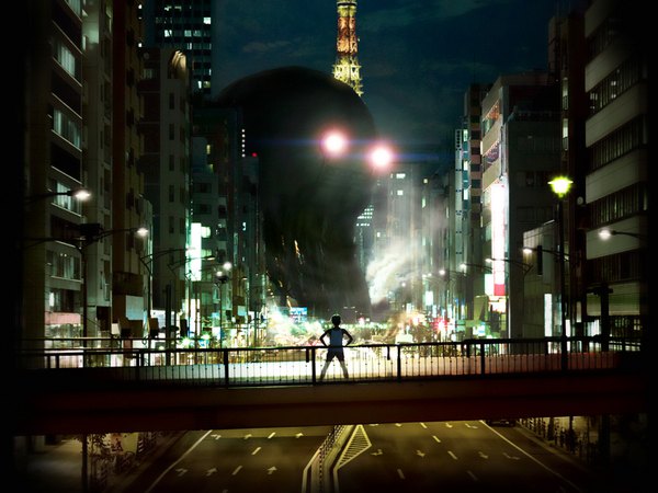 Anime picture 1600x1200 with 20th century boys tagme (character) tagme (artist) city street destruction lantern monster bridge road lamppost