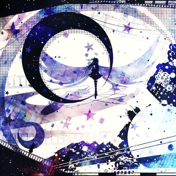 Anime picture 1000x1000 with mahou shoujo madoka magica shaft (studio) akemi homura harada miyuki single long hair fringe standing full body shadow crescent silhouette girl skirt ribbon (ribbons) hair ribbon star (symbol) moon