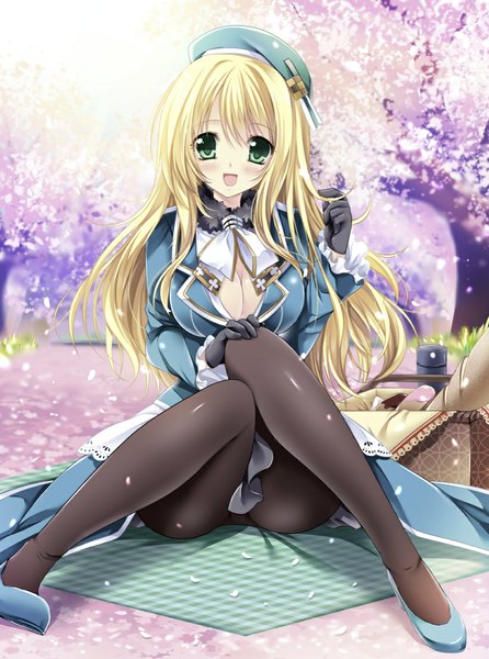 Anime picture 822x1105 with kantai collection atago heavy cruiser sakurano tsuyu single long hair tall image blush open mouth light erotic blonde hair sitting green eyes cherry blossoms girl dress gloves plant (plants) petals pantyhose tree (trees)