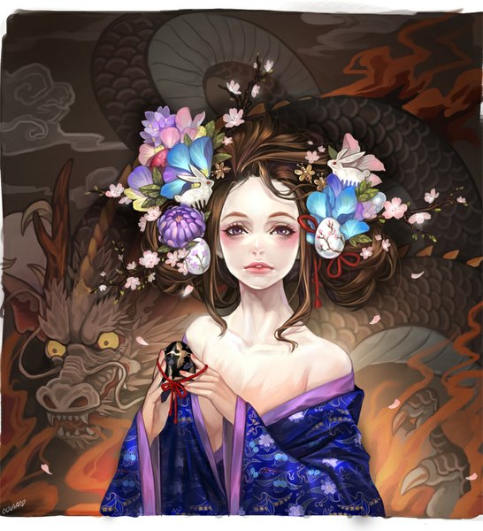 Anime picture 800x879 with original olivia (yh) long hair tall image looking at viewer blush light erotic brown hair purple eyes bare shoulders signed traditional clothes japanese clothes hair flower smoke fantasy makeup girl hair ornament flower (flowers)