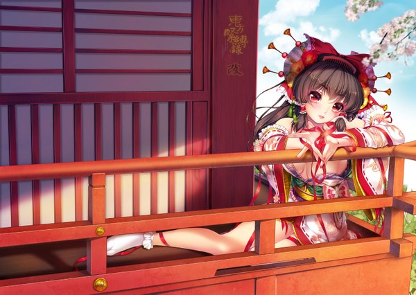 Anime picture 1500x1067 with original paint musume single long hair looking at viewer blush light erotic black hair red eyes traditional clothes japanese clothes girl hair ornament flower (flowers) ribbon (ribbons) socks kimono white socks