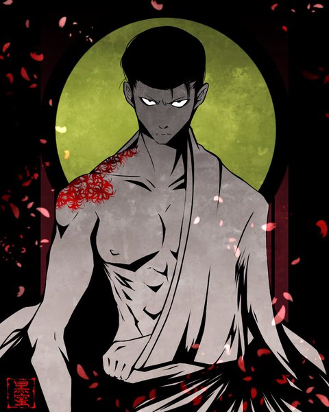 Anime picture 800x1000 with one-punch man madhouse kinzoku bat kuroxmitsu kinako single tall image looking at viewer signed upper body long sleeves traditional clothes head tilt japanese clothes off shoulder tattoo alternate costume hieroglyph dark background muscle serious