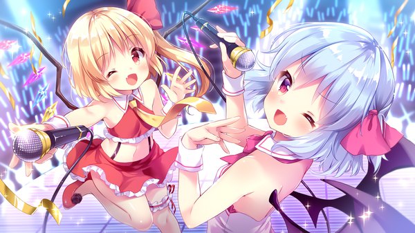 Anime picture 1500x844 with touhou flandre scarlet remilia scarlet irori long hair looking at viewer short hair open mouth blonde hair smile red eyes wide image purple eyes bare shoulders multiple girls bent knee (knees) ponytail one eye closed wink aqua hair