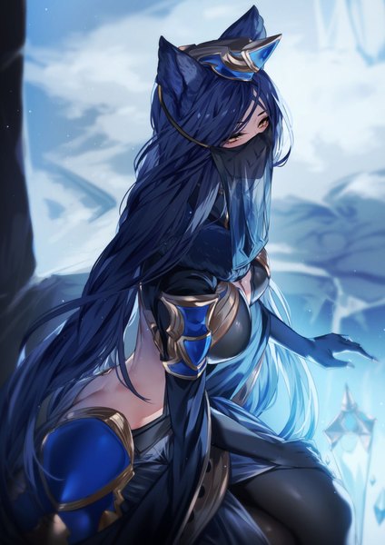 Anime picture 990x1400 with granblue fantasy historiath (granblue fantasy: relink) kyouya (mukuro238) single long hair tall image looking at viewer fringe breasts light erotic large breasts sitting animal ears yellow eyes blue hair ass butt crack girl gloves pantyhose