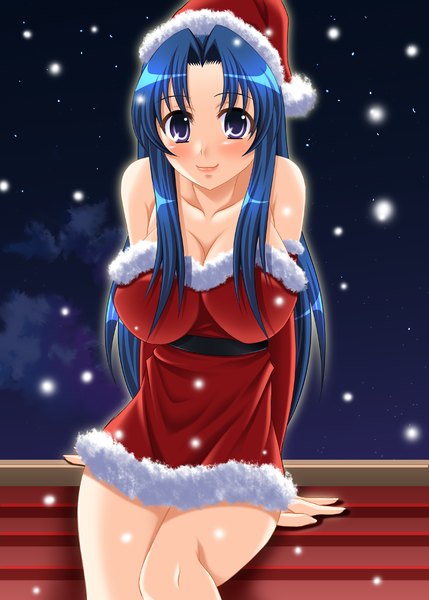 Anime picture 1110x1553 with toradora j.c. staff kawashima ami yuunagi kanade long hair tall image breasts light erotic large breasts purple eyes blue hair fur trim christmas girl fur santa claus hat santa claus costume