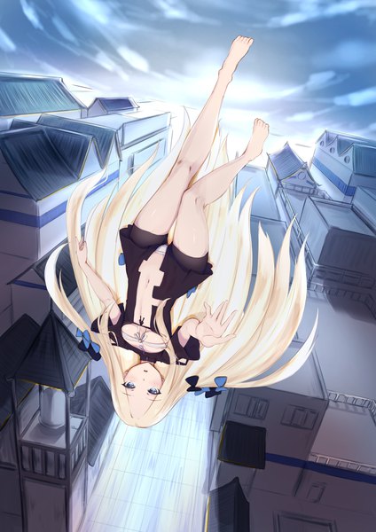 Anime picture 1158x1637 with fate (series) fate/grand order abigail williams (fate) jilu single long hair tall image looking at viewer blush fringe breasts open mouth blue eyes light erotic blonde hair sky cloud (clouds) full body outdoors barefoot
