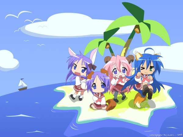 Anime picture 1600x1200 with lucky star kyoto animation izumi konata hiiragi kagami hiiragi tsukasa takara miyuki looking at viewer open mouth purple eyes multiple girls signed animal ears blue hair pink hair sky purple hair cloud (clouds) ahoge tail animal tail