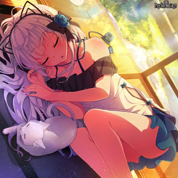 Anime picture 800x800 with psychic hearts dennryuurai single long hair blush open mouth bare shoulders animal ears white hair eyes closed sunlight fake animal ears sleeping girl skirt bow hair bow animal headphones cat