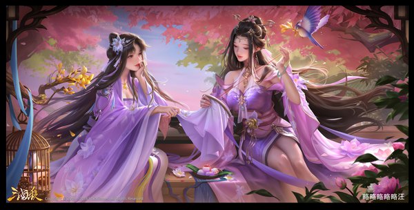 Anime picture 4216x2138 with legend of the three kingdoms tagme (character) yiqian zhang long hair fringe highres black hair brown hair wide image sitting multiple girls holding brown eyes signed looking away absurdres sky cloud (clouds) outdoors very long hair