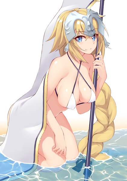 Anime picture 2935x4175 with fate (series) fate/grand order fate/apocrypha jeanne d'arc (fate) (all) jeanne d'arc (fate) shunichi single tall image looking at viewer blush fringe highres breasts blue eyes light erotic simple background blonde hair large breasts white background bare shoulders