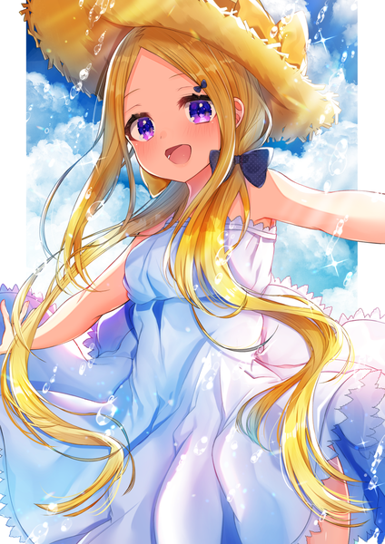 Anime picture 1200x1697 with fate (series) fate/grand order abigail williams (fate) akirannu single long hair tall image looking at viewer blush fringe open mouth blonde hair smile standing purple eyes payot sky cloud (clouds) :d sunlight
