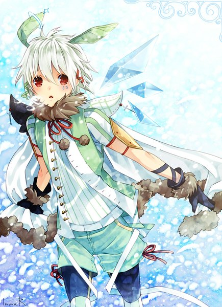 Anime picture 650x896 with original inma r. single tall image blush short hair open mouth red eyes standing animal ears white hair facial mark girl gloves wings black gloves shorts fur