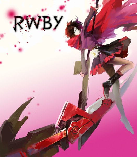 Anime picture 1417x1622 with rwby rooster teeth ruby rose celsius (artist) tall image looking at viewer fringe short hair red hair looking back hair over one eye character names silver eyes skirt flower (flowers) weapon pantyhose boots cape cross