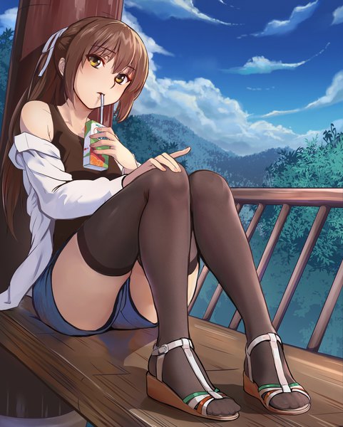 Anime picture 1600x1996 with original yewang20 single long hair tall image looking at viewer blush fringe hair between eyes brown hair sitting bare shoulders yellow eyes sky cloud (clouds) outdoors ponytail off shoulder mountain hand on knee