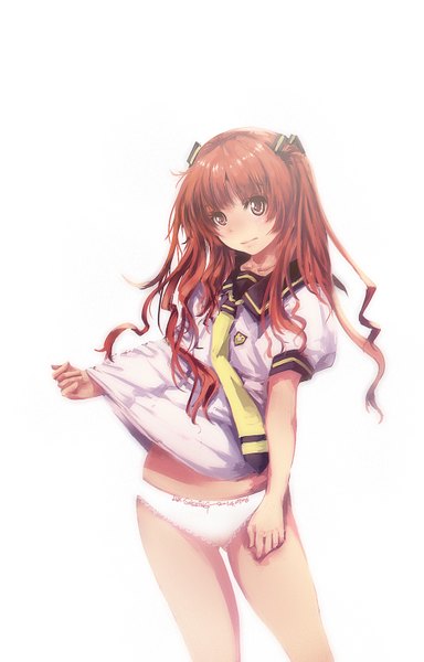 Anime picture 1000x1563 with ano natsu de matteru j.c. staff yamano remon shering single long hair tall image looking at viewer blush light erotic simple background white background twintails brown eyes red hair girl underwear panties necktie sailor suit