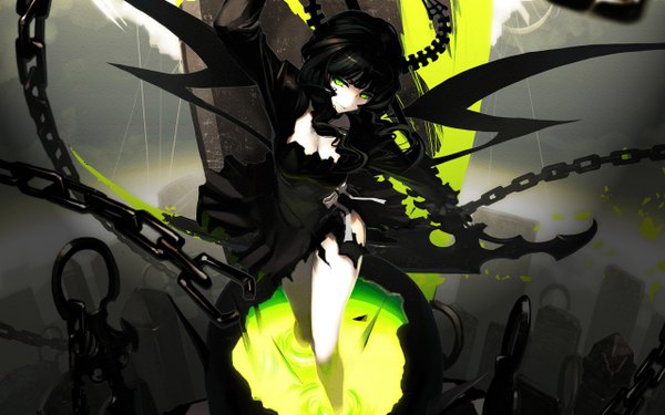 Anime picture 2560x1600 with black rock shooter dead master single long hair highres black hair smile wide image green eyes horn (horns) legs drill hair girl dress weapon wings chain skull scythe