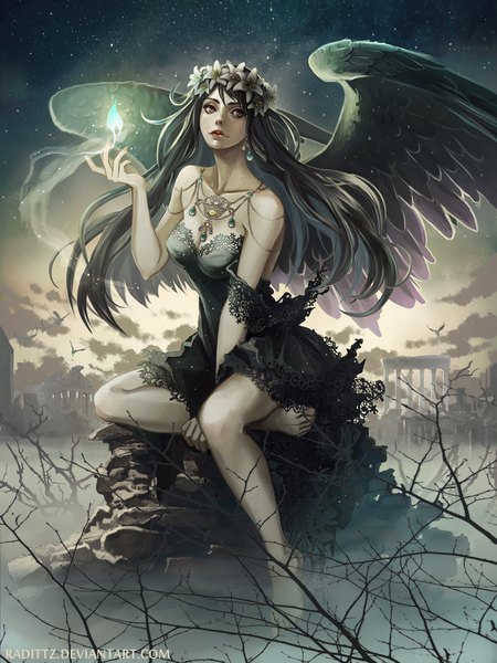 Anime picture 1350x1800 with original radittz single long hair tall image breasts light erotic black hair sitting bare shoulders signed looking away sky cleavage cloud (clouds) full body bent knee (knees) outdoors barefoot lips
