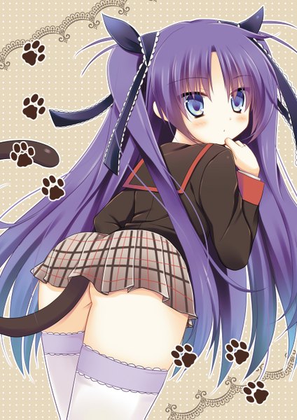 Anime picture 1000x1415 with little busters! key (studio) sasasegawa sasami pokopi long hair tall image blush blue eyes light erotic purple hair cat tail two side up zettai ryouiki girl thighhighs uniform ribbon (ribbons) hair ribbon school uniform miniskirt