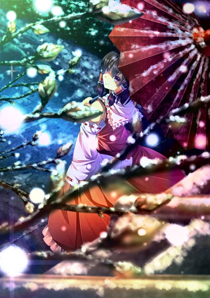 Anime picture 705x1000 with touhou hakurei reimu ryosios single tall image short hair black hair red eyes looking back from above dutch angle snowing winter girl dress detached sleeves umbrella