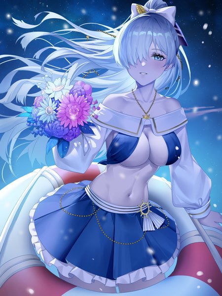 Anime picture 3000x4000 with fate (series) fate/grand order anastasia (fate) anastasia (swimsuit archer) (fate) gaosu gong lu single long hair tall image looking at viewer fringe highres breasts blue eyes light erotic large breasts standing bare shoulders holding silver hair ponytail