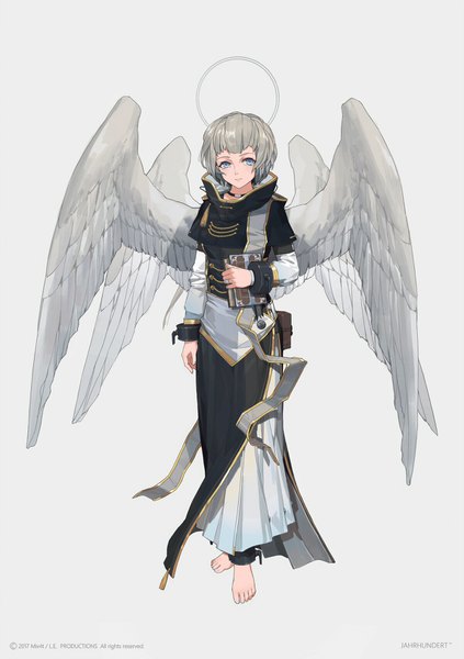 Anime picture 1200x1700 with original mivit single tall image looking at viewer short hair blue eyes simple background standing full body barefoot grey hair grey background angel wings multiple wings girl wings book (books) halo ring