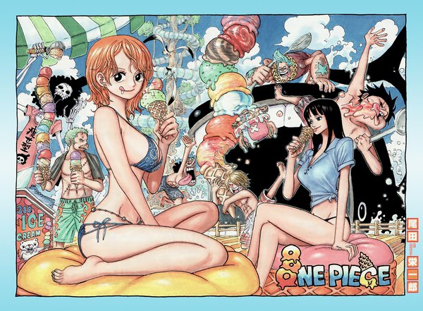 Anime picture 2039x1500 with one piece toei animation nami (one piece) monkey d. luffy nico robin roronoa zoro sanji tony tony chopper usopp franky brook (one piece) oda eiichirou long hair looking at viewer fringe highres short hair breasts open mouth light erotic