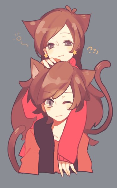 Anime picture 500x800 with gravity falls mabel pines dipper pines kuiko long hair tall image looking at viewer fringe short hair simple background brown hair animal ears tail animal tail one eye closed cat ears grey background cat tail grey eyes hug