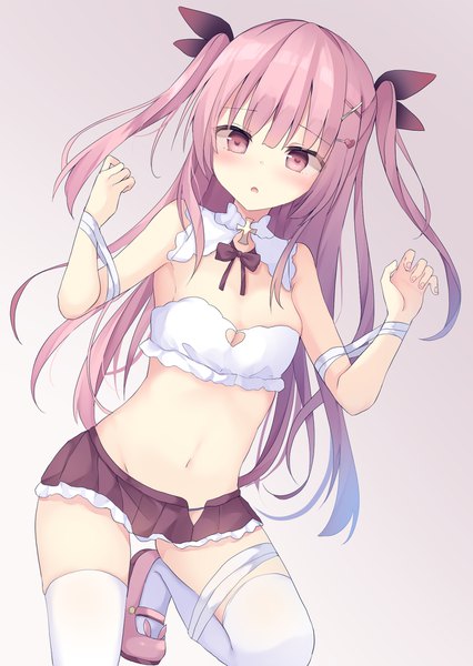 Anime picture 1447x2039 with original tsuruse single long hair tall image looking at viewer blush fringe breasts open mouth light erotic simple background hair between eyes bare shoulders pink hair full body bent knee (knees) blunt bangs pleated skirt pink eyes