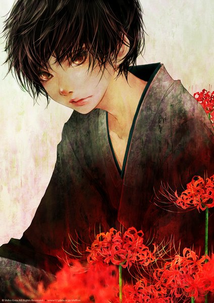 Anime picture 707x1000 with original enta shiho single tall image looking at viewer short hair black hair simple background brown eyes traditional clothes japanese clothes inscription boy flower (flowers) kimono higanbana