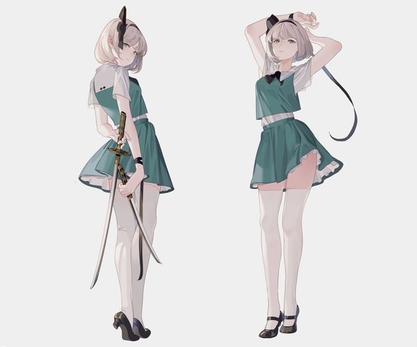Anime picture 1600x1332 with touhou konpaku youmu hillly (maiwetea) short hair simple background standing holding green eyes full body grey hair grey background arms up multiview dual wielding girl thighhighs skirt ribbon (ribbons) weapon hair ribbon