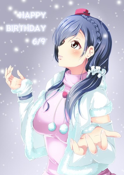 Anime picture 957x1350 with love live! school idol project sunrise (studio) love live! toujou nozomi yuu (oosakazaijyuu) single long hair tall image blush blue eyes blue hair looking away snowing girl hat jacket mini hat pom pom (clothes) mini top hat