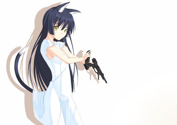 Anime picture 1500x1060 with jougen single black hair simple background white background animal ears yellow eyes tail cat ears shadow cat girl girl dress weapon gun magazine (weapon)